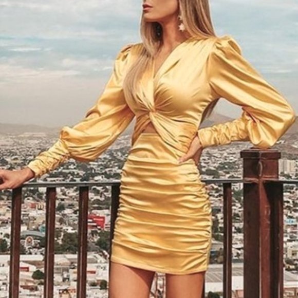 MODA ME COUTURE Dresses & Skirts - Yellow Satin Ruched Twist Front mini Dress